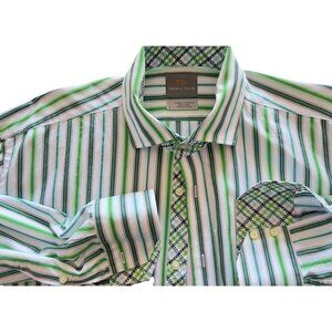 Thomas Dean Shirt Men's L Button Up Stripe 100% PIMA Cotton Flip Cuffs Green Wht